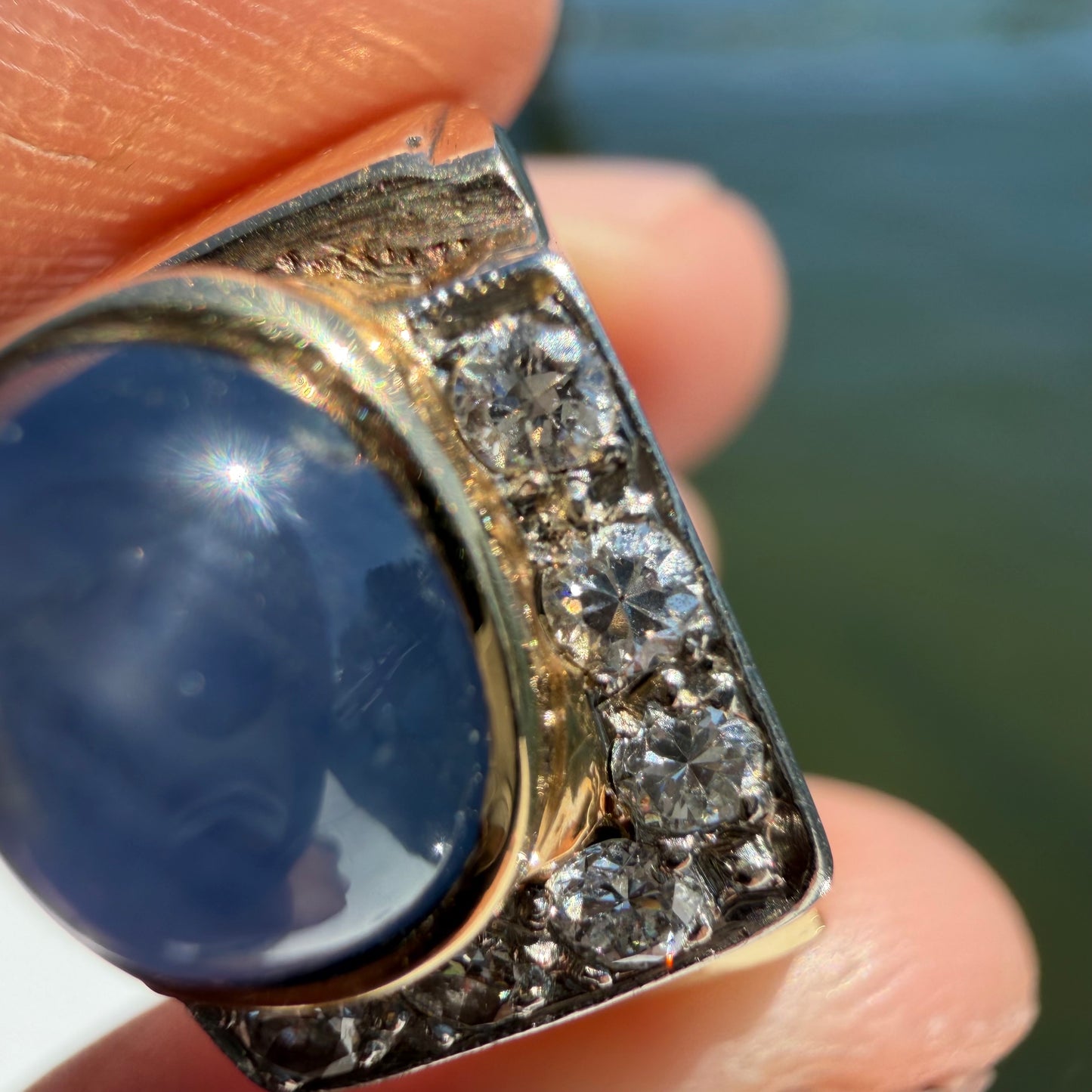 Art Deco Solid 14k Yellow Gold Natural Blue Star Sapphire Old Euro Cut Diamond Ring (8)