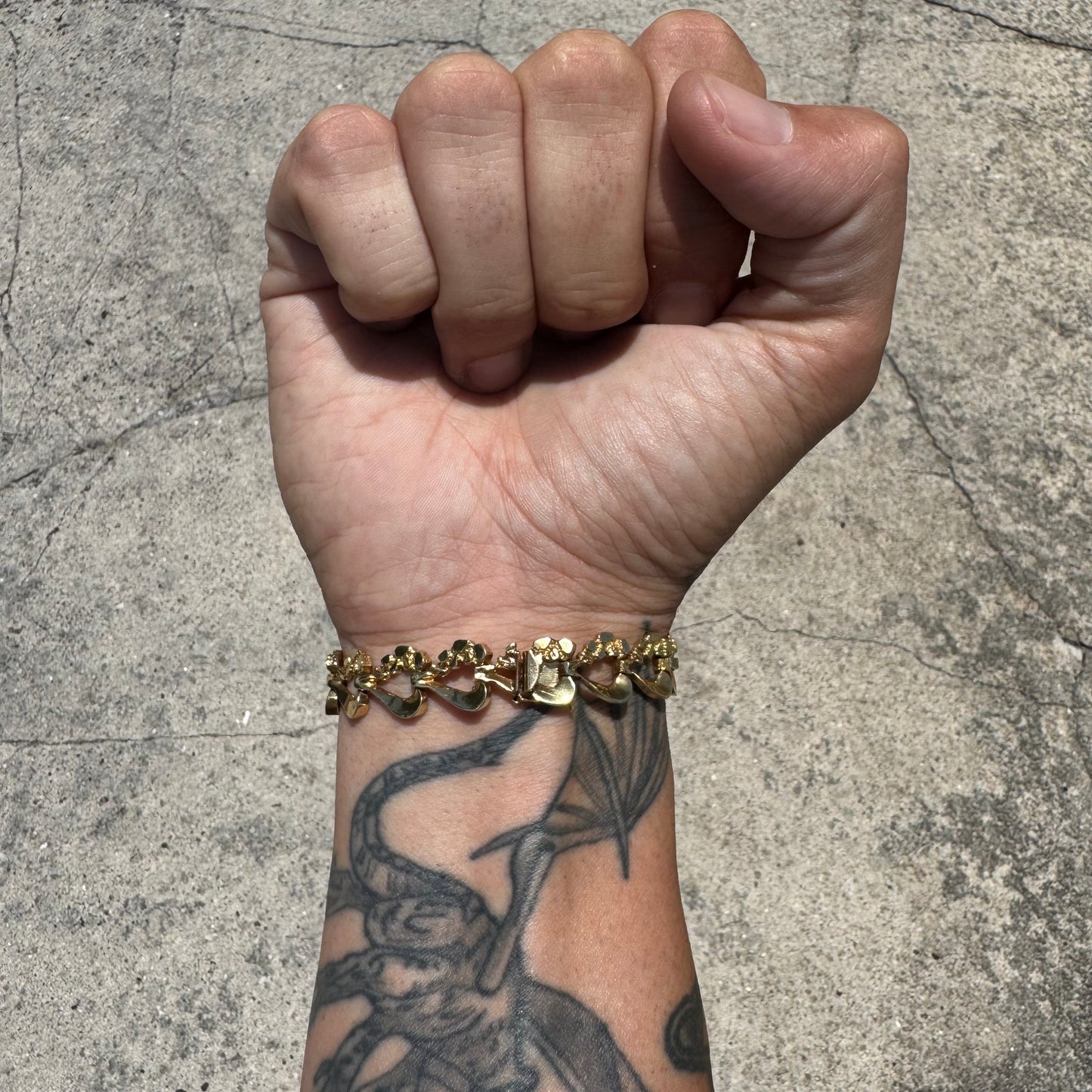 1970’s Solid 14k Yellow Gold Heavyweight Nugget Heart Link Bracelet (6.75”)
