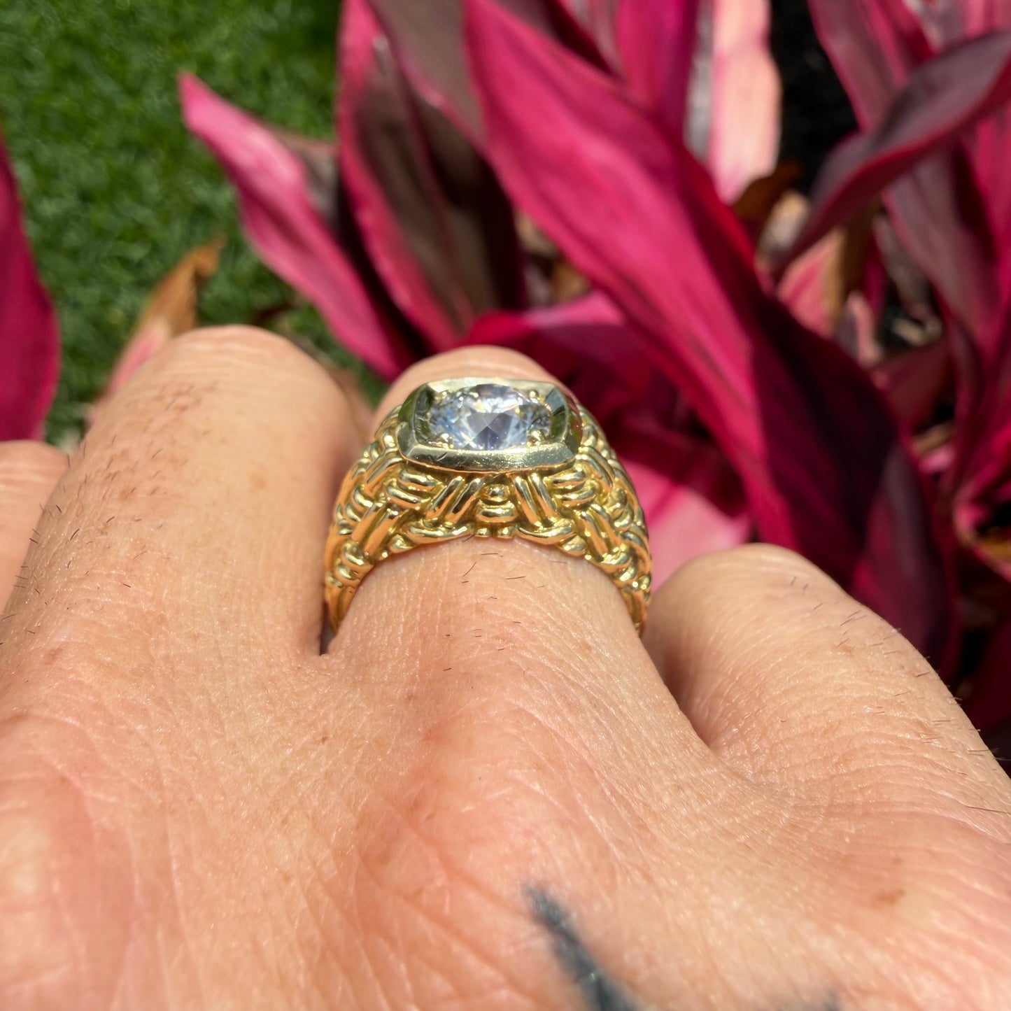 Vintage 2.0ct Natural VS1/I Old Euro Cut Diamond Solid 18k Yellow Gold Basket Weave Solitaire Ring(8)