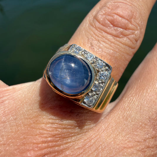 Art Deco Solid 14k Yellow Gold Natural Blue Star Sapphire Old Euro Cut Diamond Ring (8)