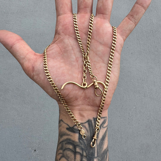 Antique Solid 14k Yellow Gold Double Dog Clip Curb Link Albert Watch Chain Necklace (21”)