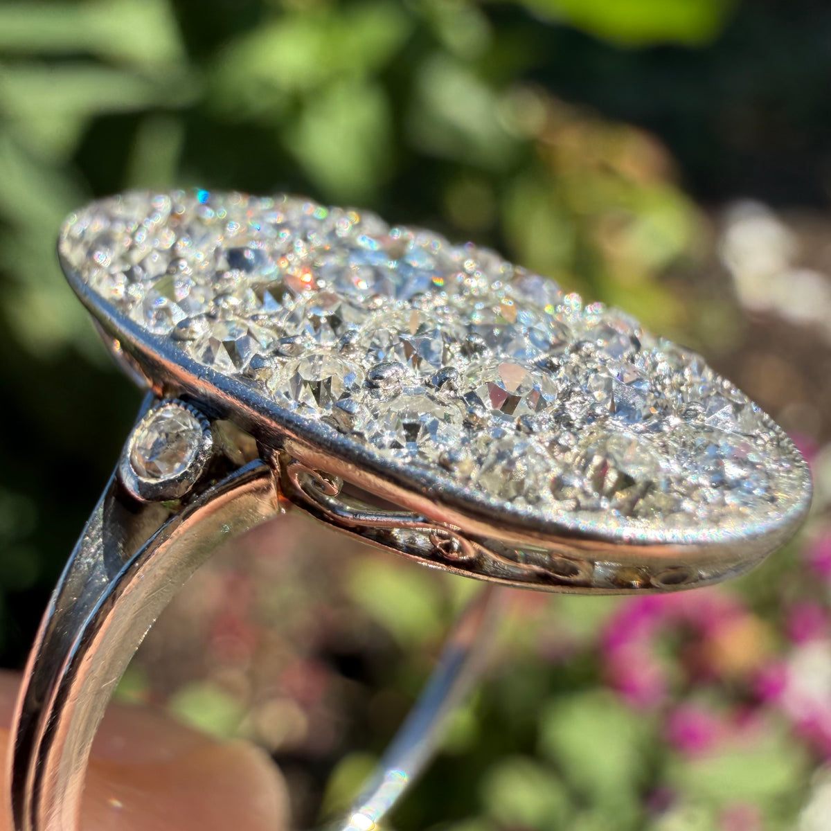 Victorian Solid Platinum 2.25ctw Natural Old Mine Cut Diamond Cluster Oval Navette Ring (7.5)