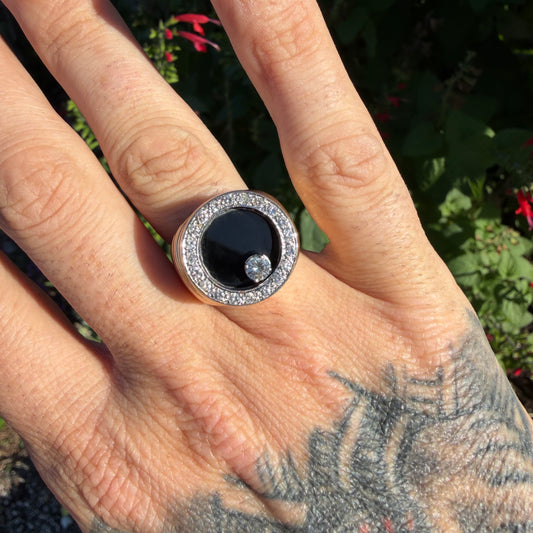 1970’s Solid 14k Yellow Gold Black Onyx .75ctw Natural VS Diamond Kinetic Spinner Ring (9)