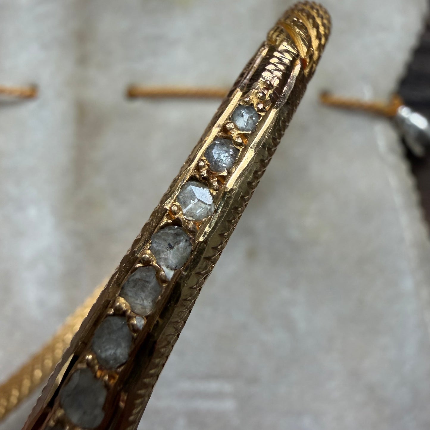 Antique Egyptian Solid 22.5k Yellow Gold Natural Rose Cut Diamond And Ruby Snake Bangle Bracelet (6.5”-8”)
