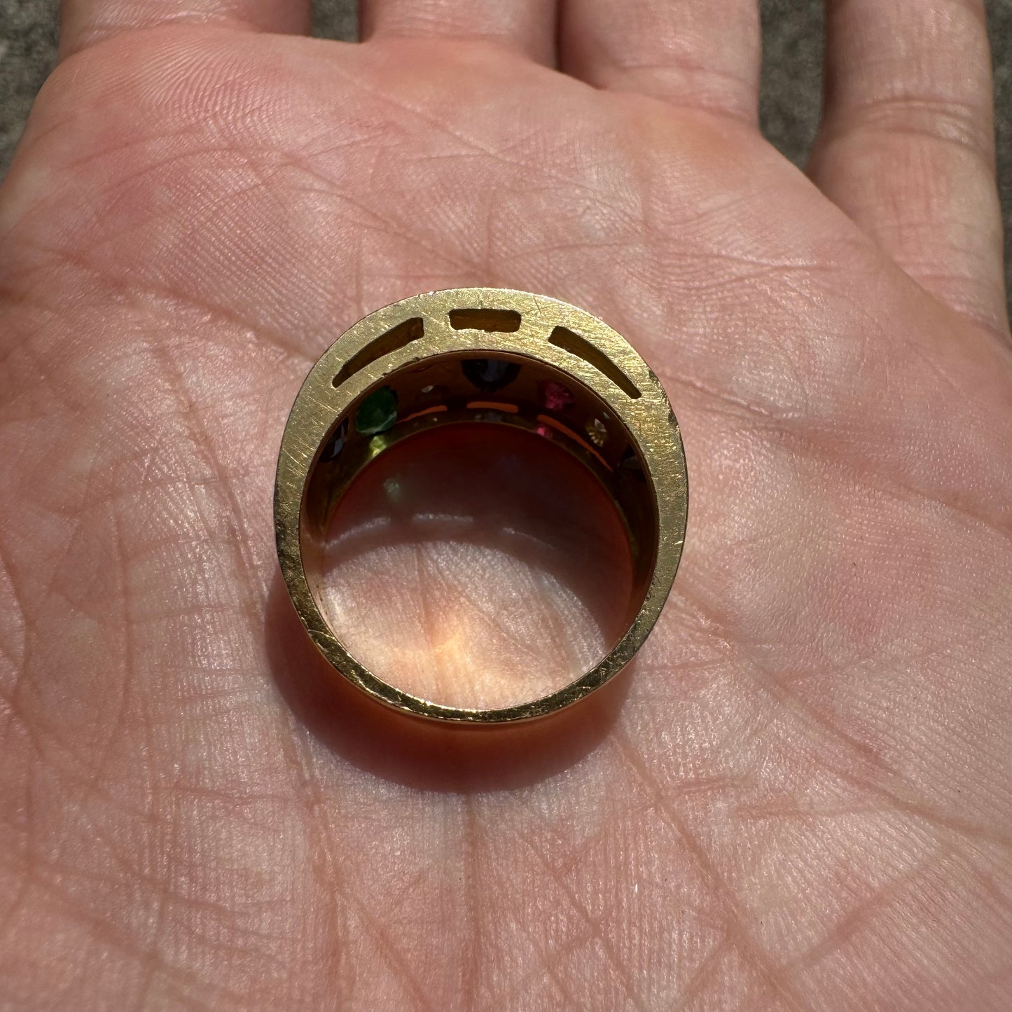 Custom Solid 18k Yellow Gold 2.35ctw Flush Set Natural Sapphire, Ruby, Emerald, And Diamond Tapered Cigar Band (7)