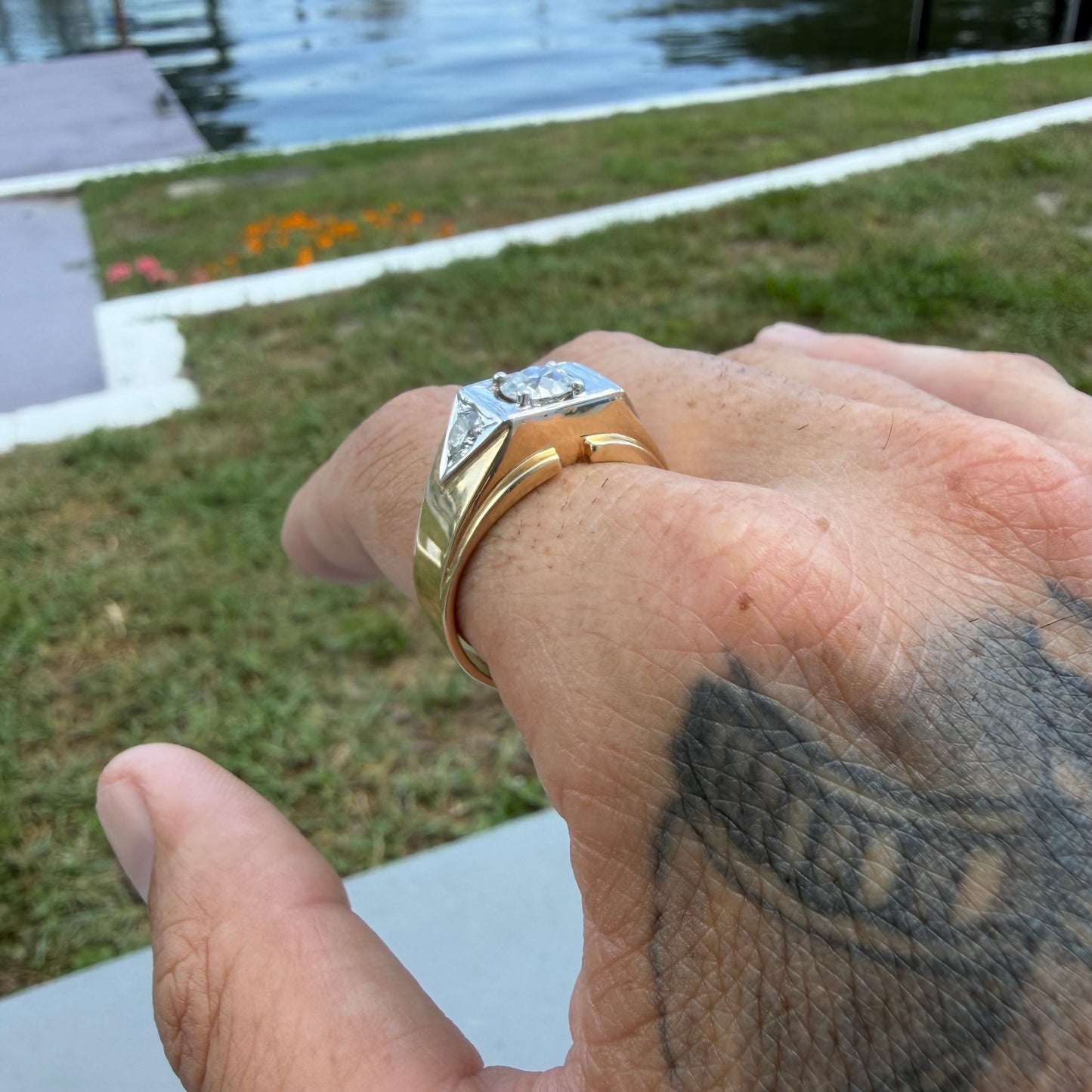 Art Deco Solid 14k Yellow Gold 1.7ctw Natural Old Euro Cut Diamond Trilogy Ring (14)