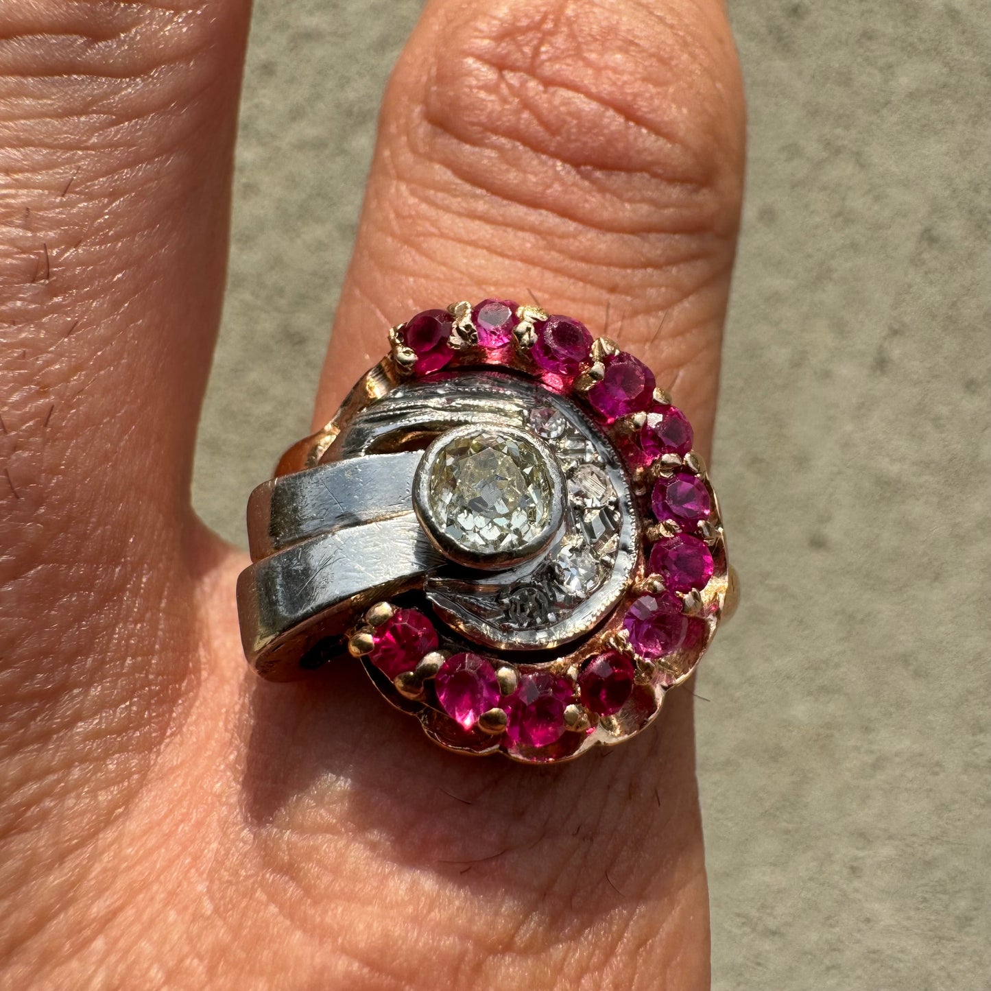 Retro 1940’s 14k Gold .50ct Natural Euro Cut Diamond .60ctw Ruby Tank Ring (9)