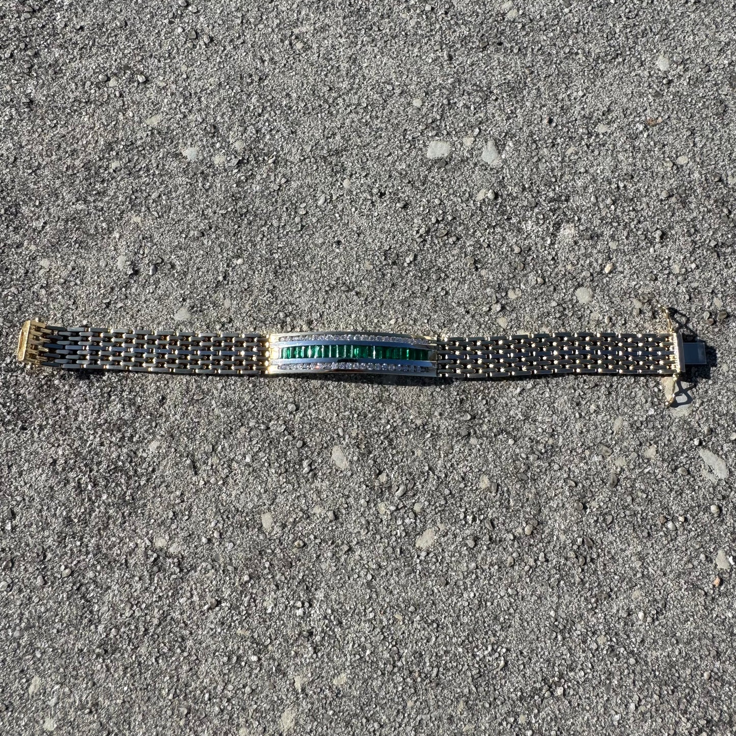 Vintage Heavyweight Solid 14k Yellow Gold 4ctw Natural Emerald And Diamond Panther Link ID Bracelet (7.75”)