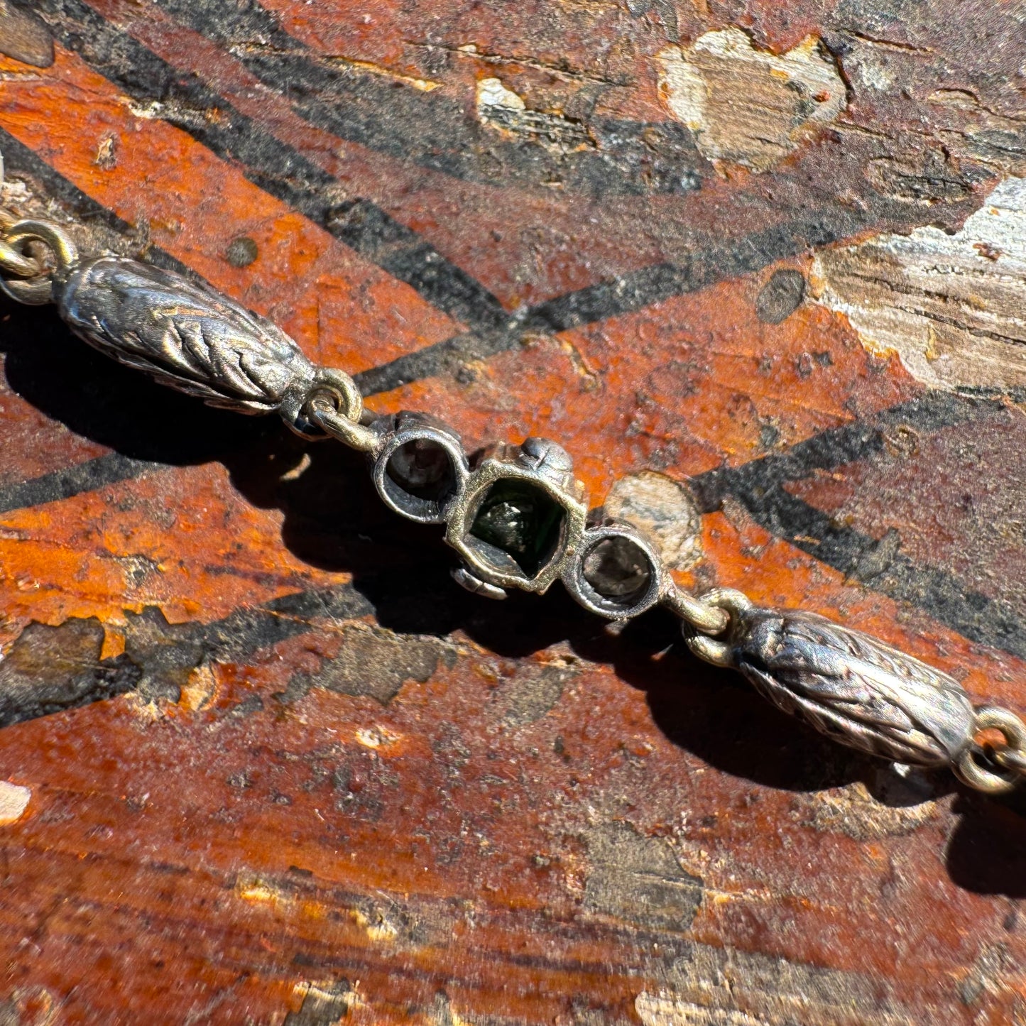 Early 1800’s Georgian Era Solid 18k Yellow Gold Sterling SIlver Rose Cut Diamond Raw Emerald Seed Pearl Bracelet (6.5”)