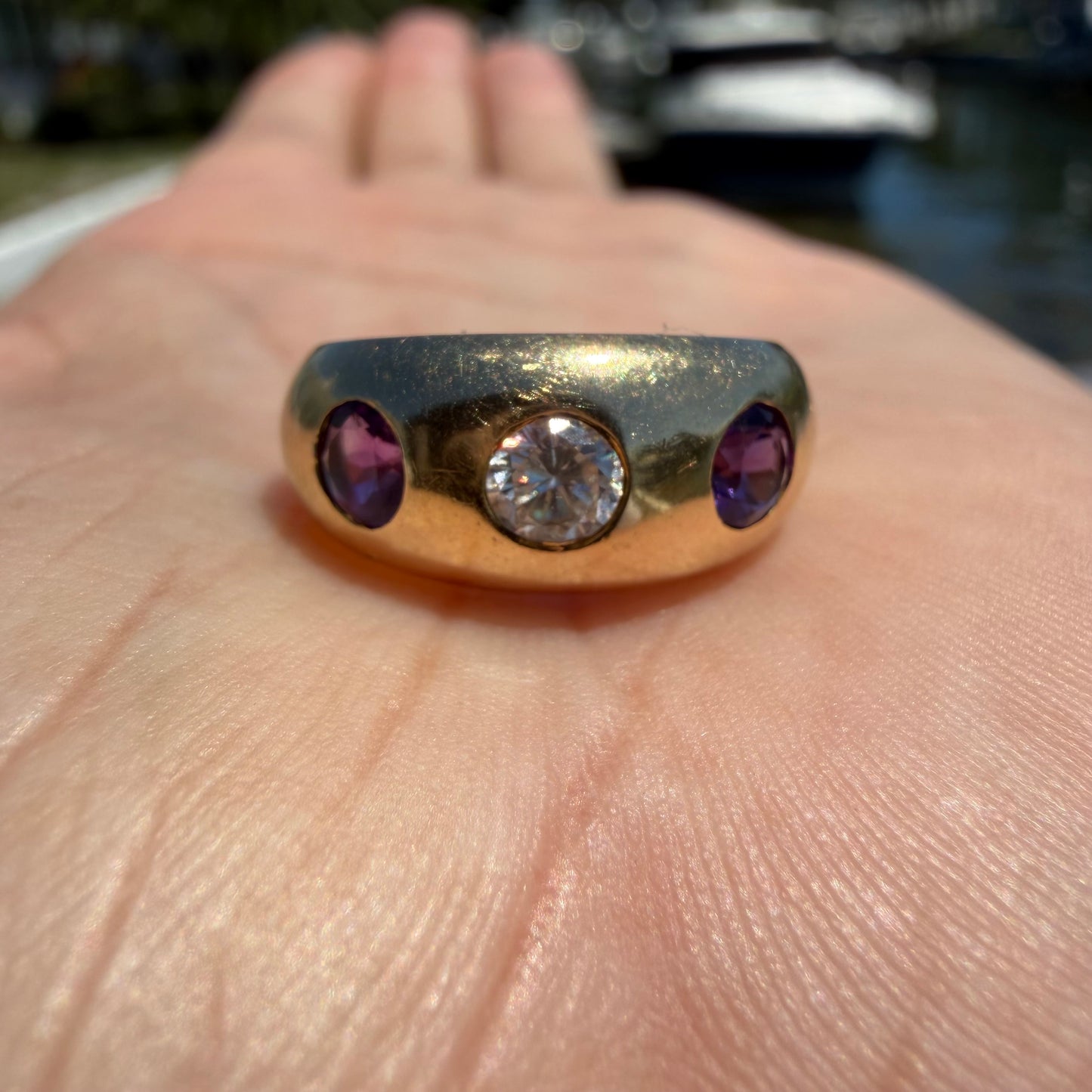 Art Deco Solid 14k Yellow Gold .75ctw Natural Old Euro Cut Diamond & Amethyst Trilogy Gypsy Ring (4.25)