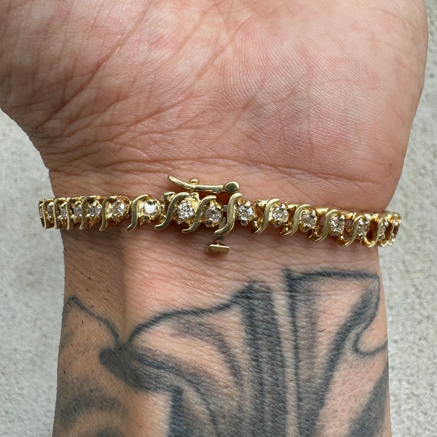 Vintage 14k Yellow Gold 2.0CTW Natural Diamond S-Link Tennis Bracelet (7.5”)