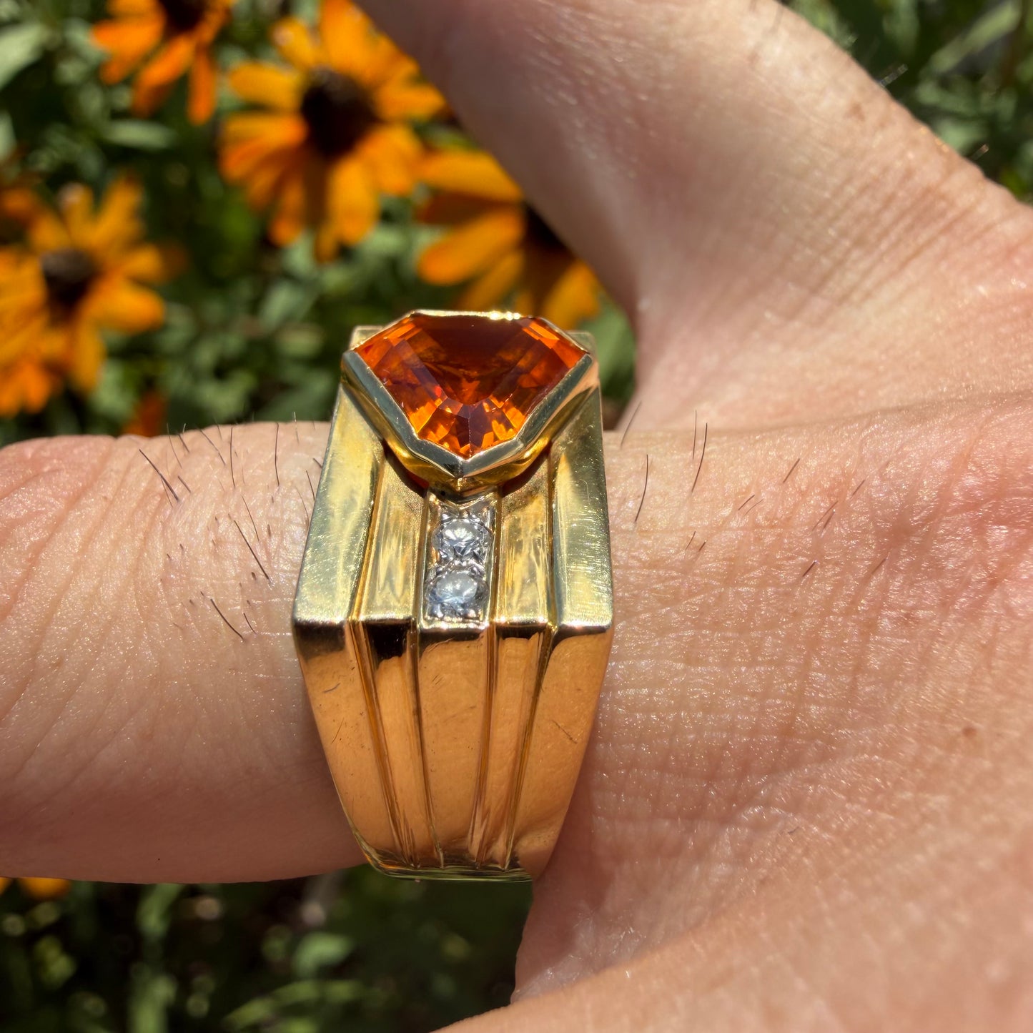 Vintage Solid 18k Yellow Gold Shield Cut Orange Sapphire And Diamond Signet Ring (8.25)