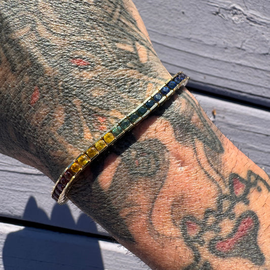 Vintage Solid 14k Yellow Gold 6.0ctw Natural Sapphire Rainbow Tennis Bracelet (7”)