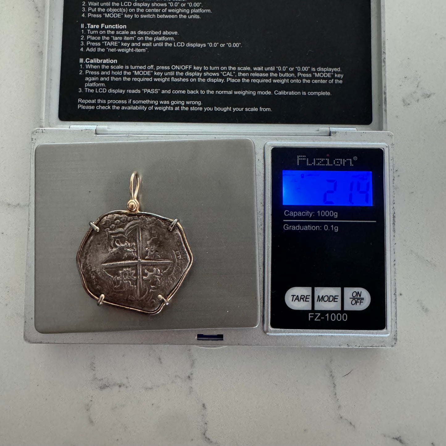 1600’s Philip III Silver 8 Reales Shipwreck Coin 14k Yellow Gold Pendant