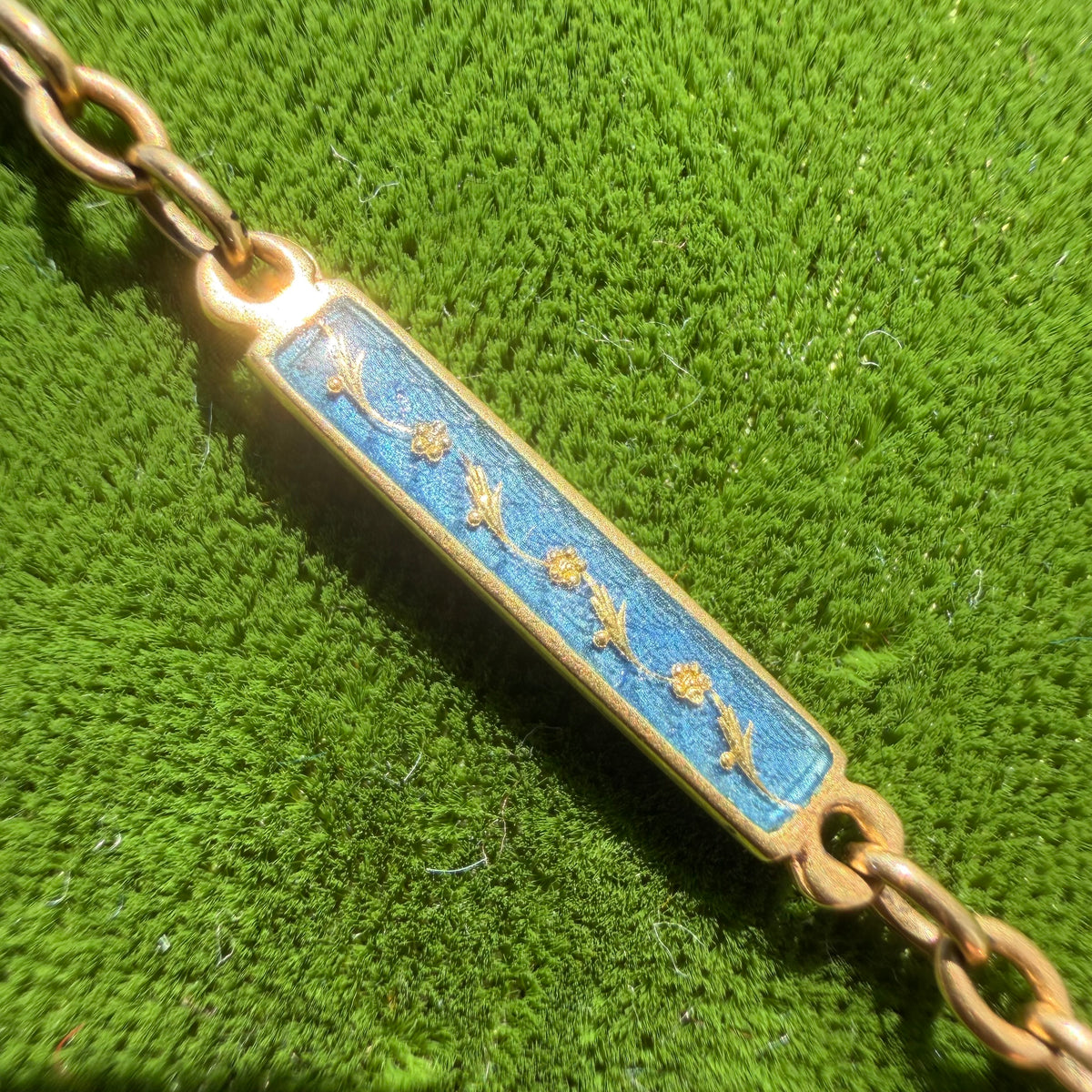 Victorian French 18k Yellow Gold Guilloche Enameled Watch Chain Cigar Cutter Fob Necklace Set (14”)