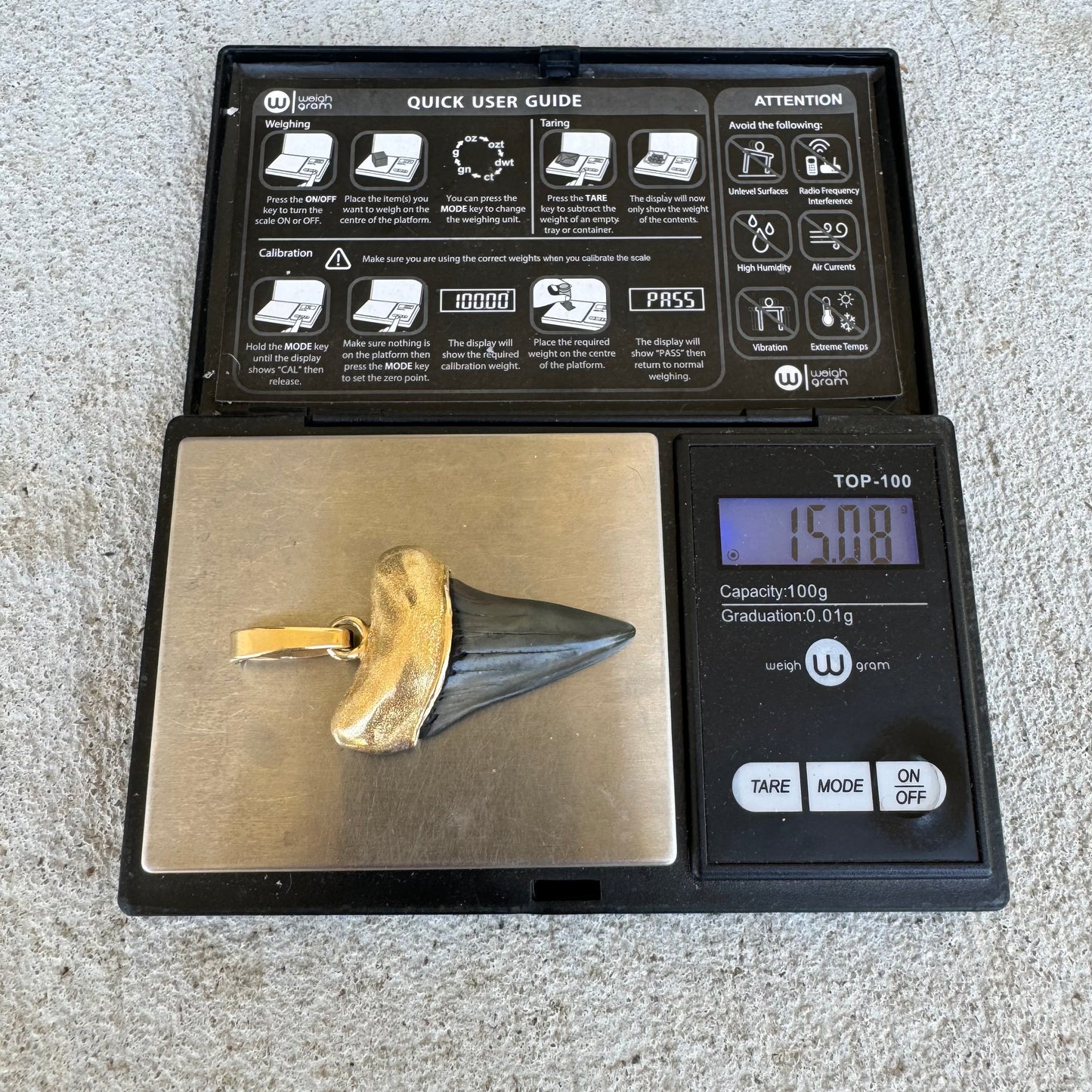 Vintage Custom 14k Yellow Gold Large Ancient Megalodon Tooth Pendant