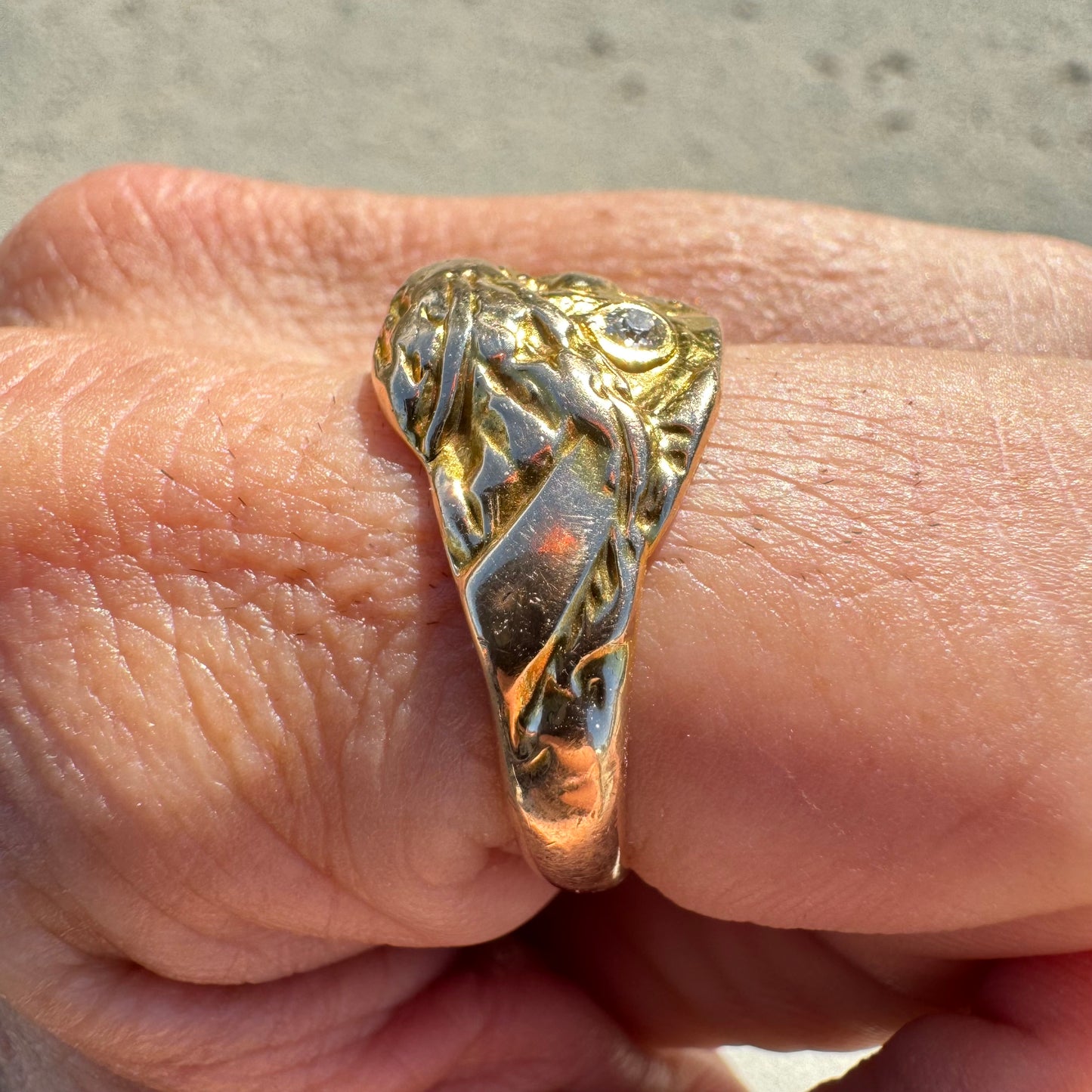 Early 1900’s Art Nouveau Solid 12k Yellow Gold Old Euro Cut Diamond Pirate Figural Ring (11)