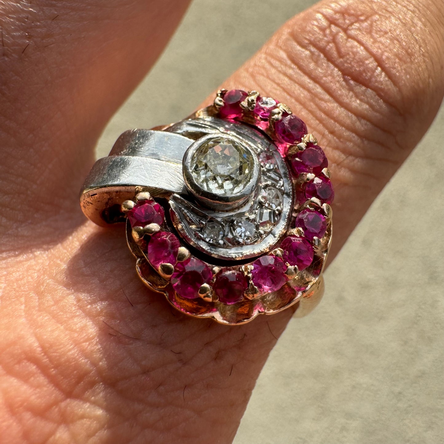 Retro 1940’s 14k Gold .50ct Natural Euro Cut Diamond .60ctw Ruby Tank Ring (9)
