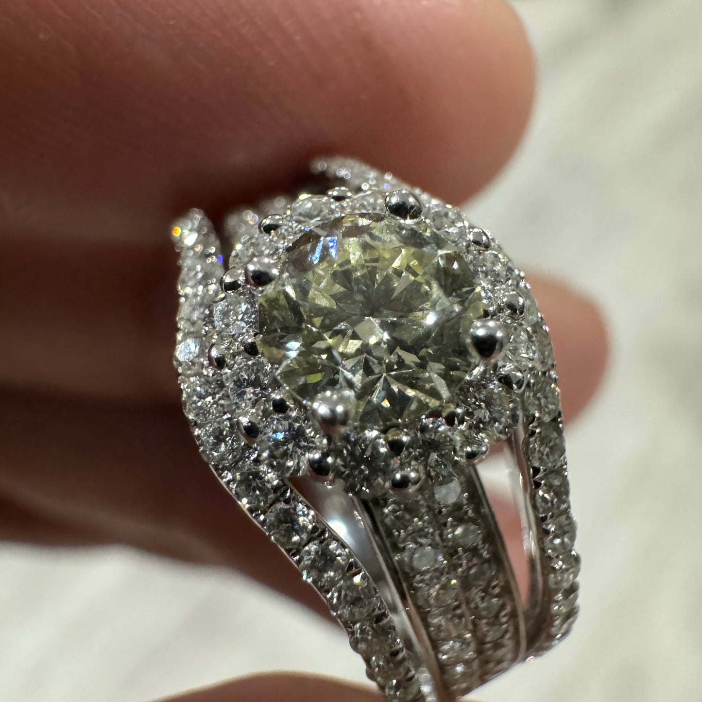 Brand New 14k White Gold 1.67CTW Natural VS Faint Yellow Round Brilliant Cut Diamond Halo Ring (8)