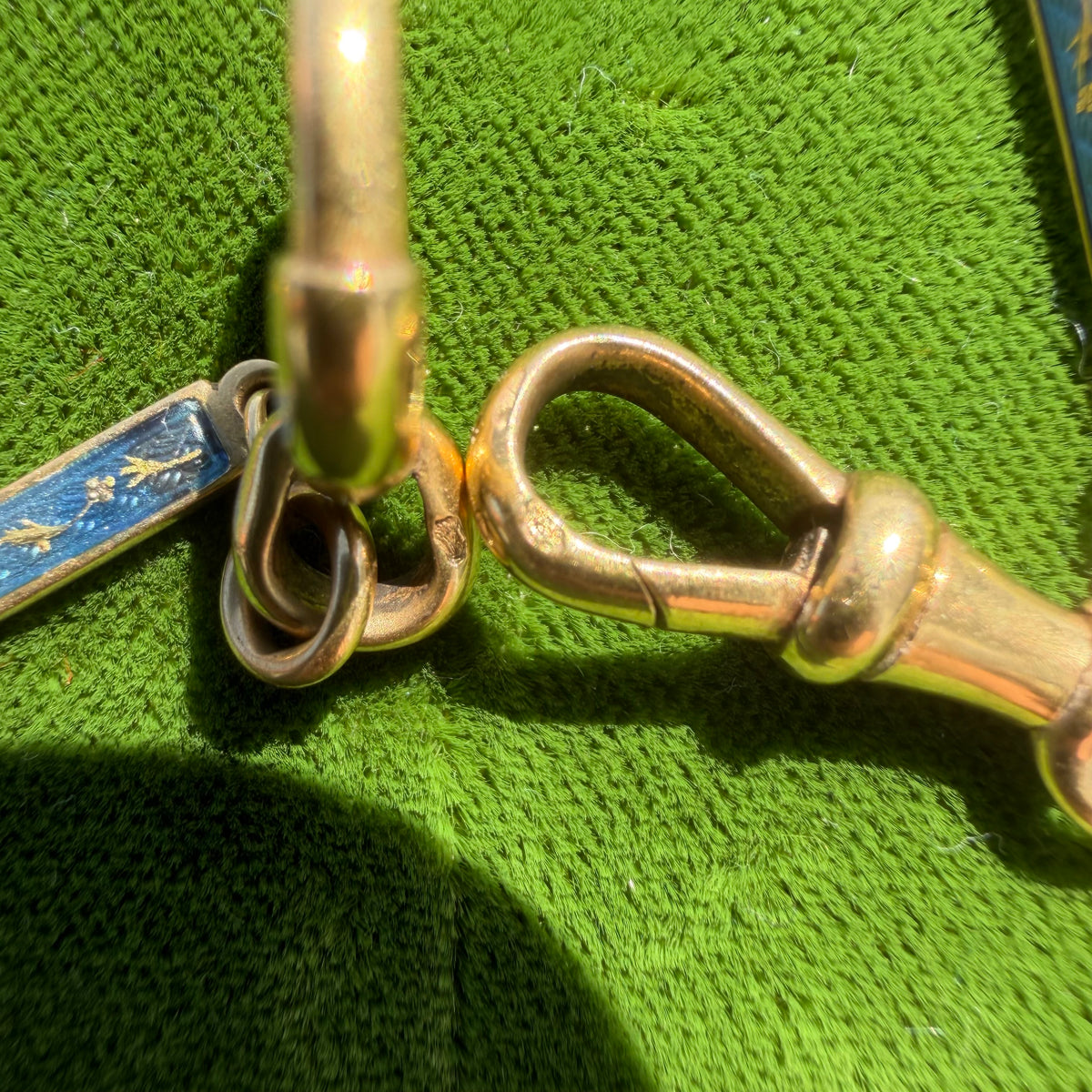 Victorian French 18k Yellow Gold Guilloche Enameled Watch Chain Cigar Cutter Fob Necklace Set (14”)