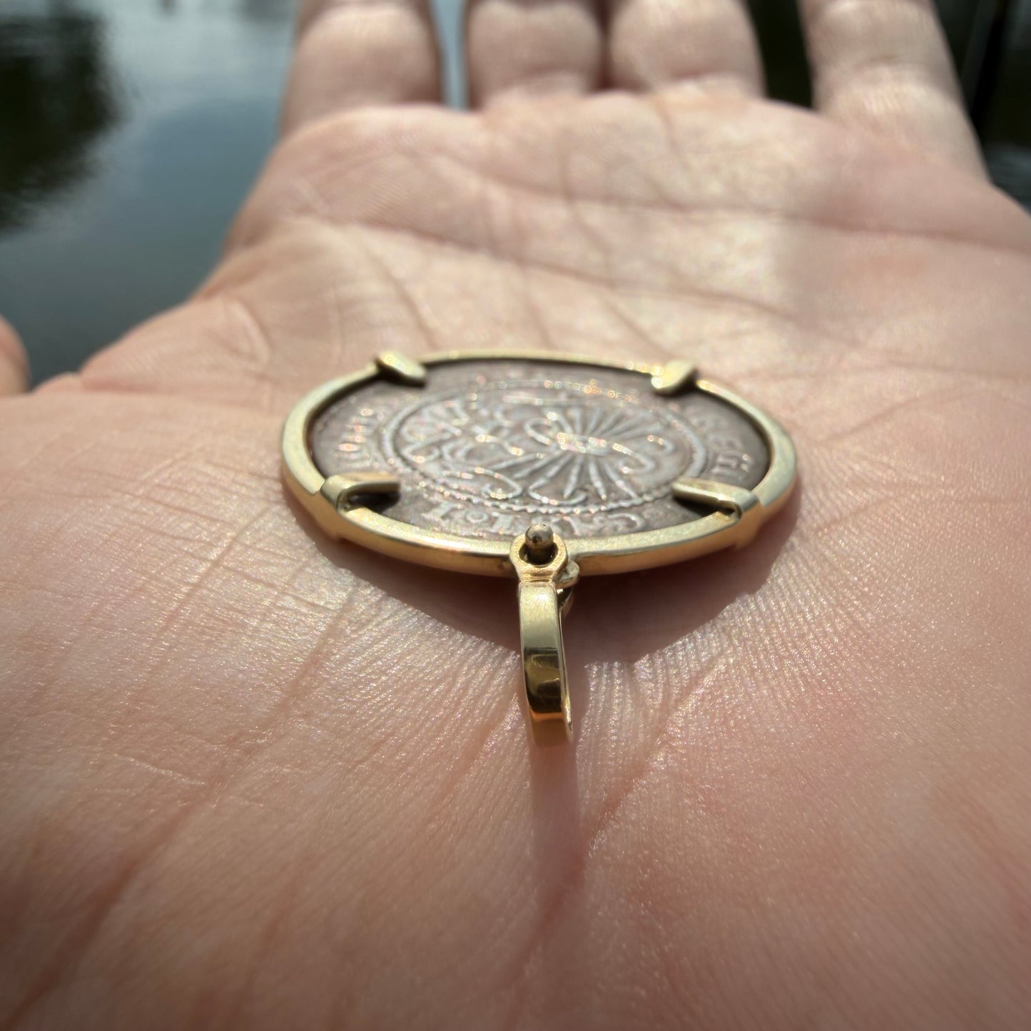 RARE 1474-1504 Silver Catholic Kings Seville 2 Reale Coin 14k Yellow Gold Pendant Retrograde R Counterstrike
