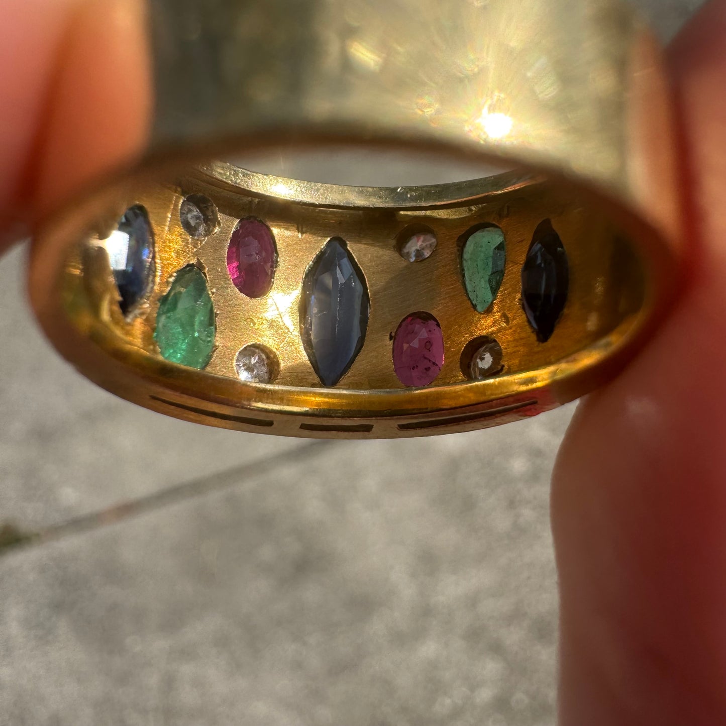 Custom Solid 18k Yellow Gold 2.35ctw Flush Set Natural Sapphire, Ruby, Emerald, And Diamond Tapered Cigar Band (7)