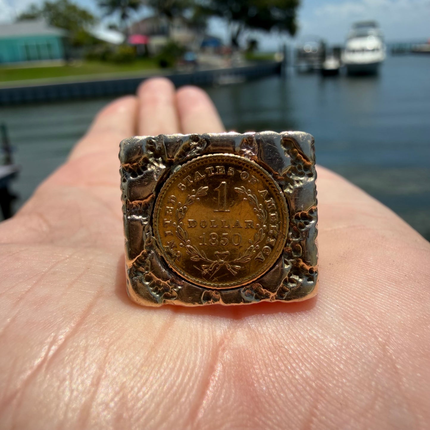 1850 Liberty Head $1 Gold Coin Solid Backed 14k Yellow Gold Heavyweight Nugget Ring (13)