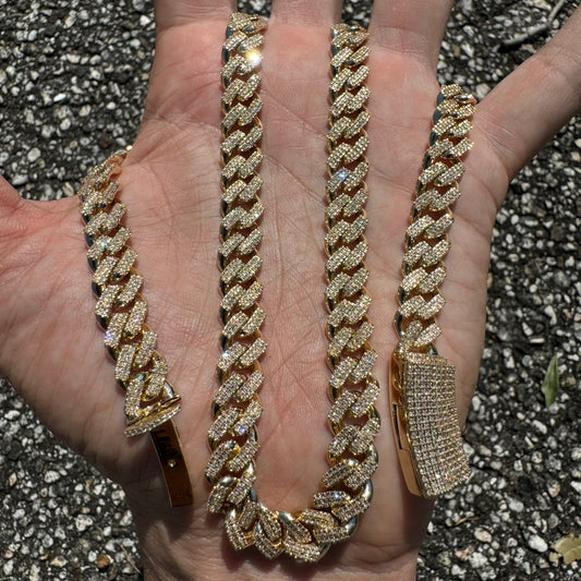 Solid 10k Yellow Gold 2 Row Prong Set 20.0ctw Natural Diamond Cuban Link Necklace (20”)