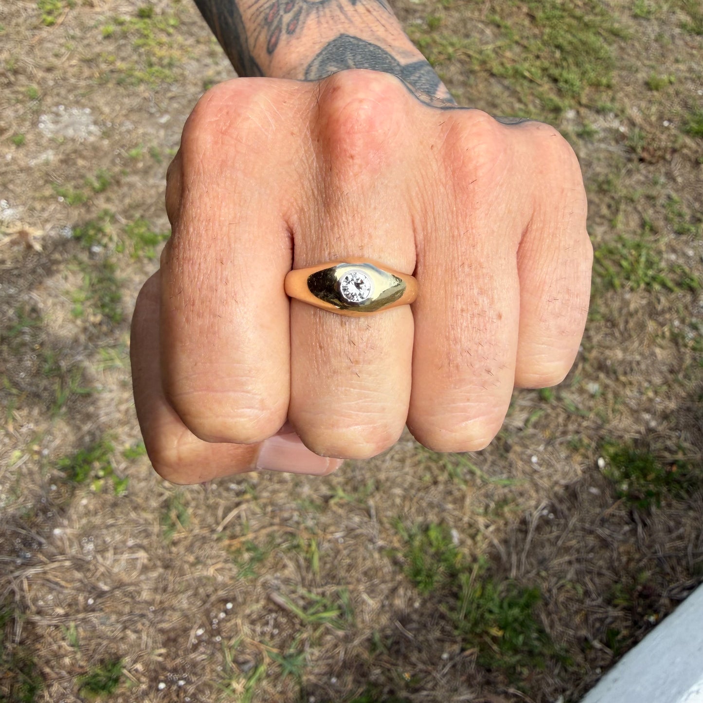 Art Deco Solid 14k Yellow Gold .40ct Natural VS Old Euro Cut Diamond Rub Over Gypsy Ring (8.5)