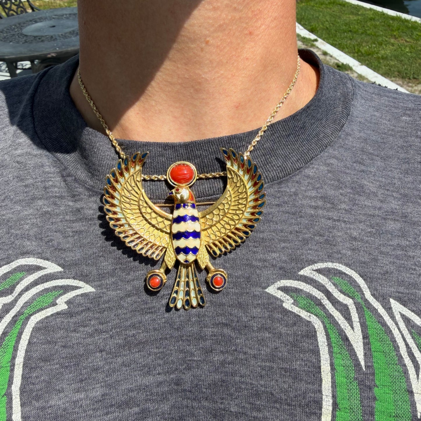 Vintage Solid 18k Yellow Gold Plique-à-Jour Large Egyptian Revival Horus Falcon Pendant/Brooch