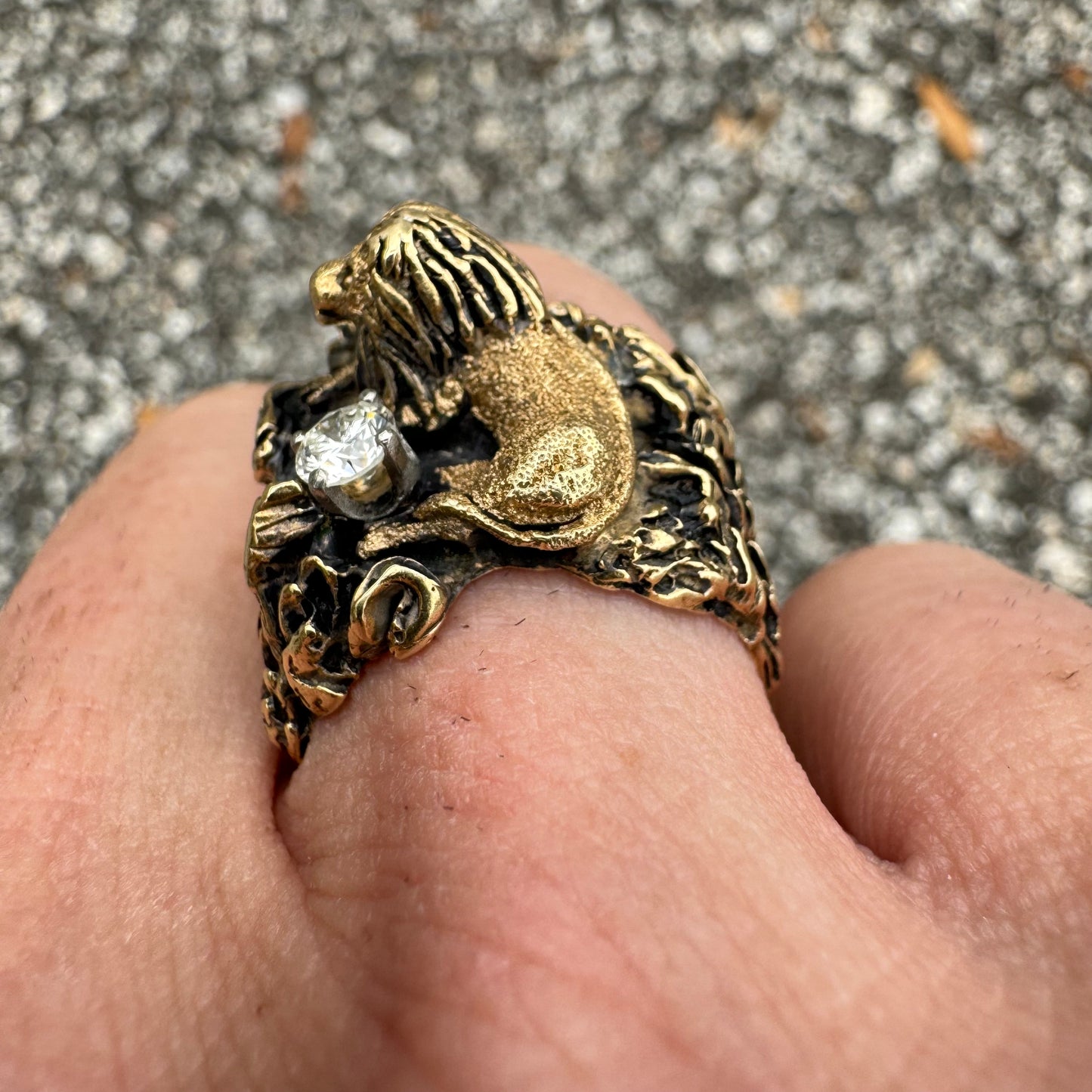 Vintage Solid 14k Yellow Gold .25CT Natural VS Diamond Heavyweight Lion Ring (7.75)