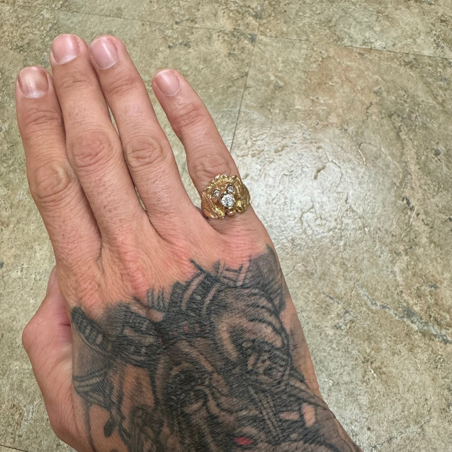 Victorian Era Solid 14k Yellow Gold .50Ct Natural Old Euro Cut Diamond Lion Ring (7.5)