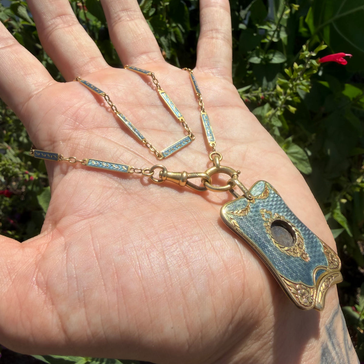 Victorian French 18k Yellow Gold Guilloche Enameled Watch Chain Cigar Cutter Fob Necklace Set (14”)