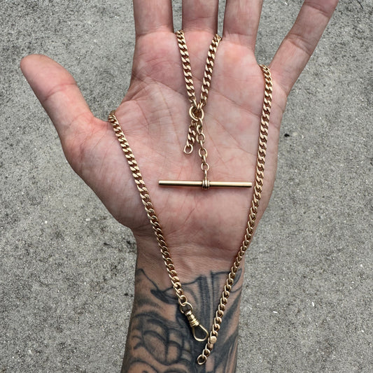 Antique Solid 14k Yellow Gold Double Albert Curb Link Watch Chain Necklace (20.5”)