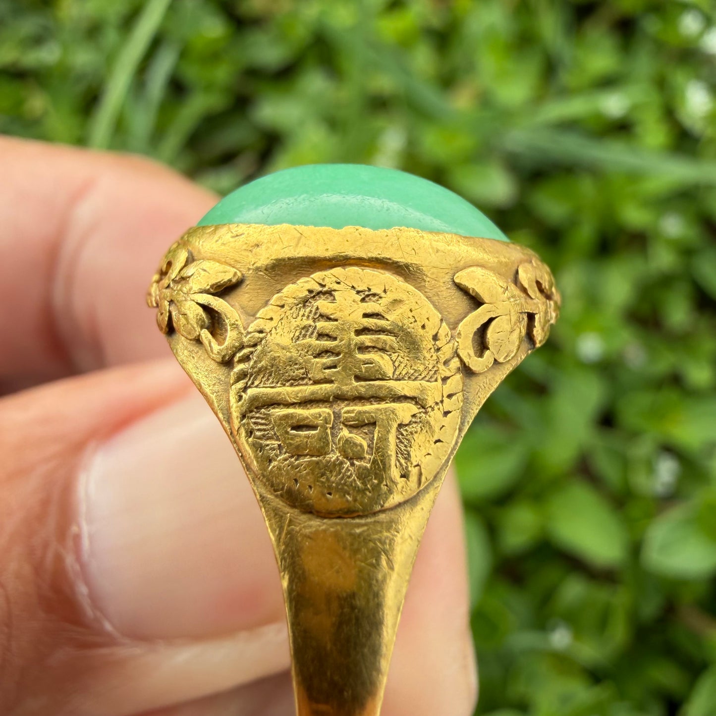 Antique Chinese Traditional 24k Yellow Gold 5.0ct Green Apple Jadeite Fu Ring (10.25)