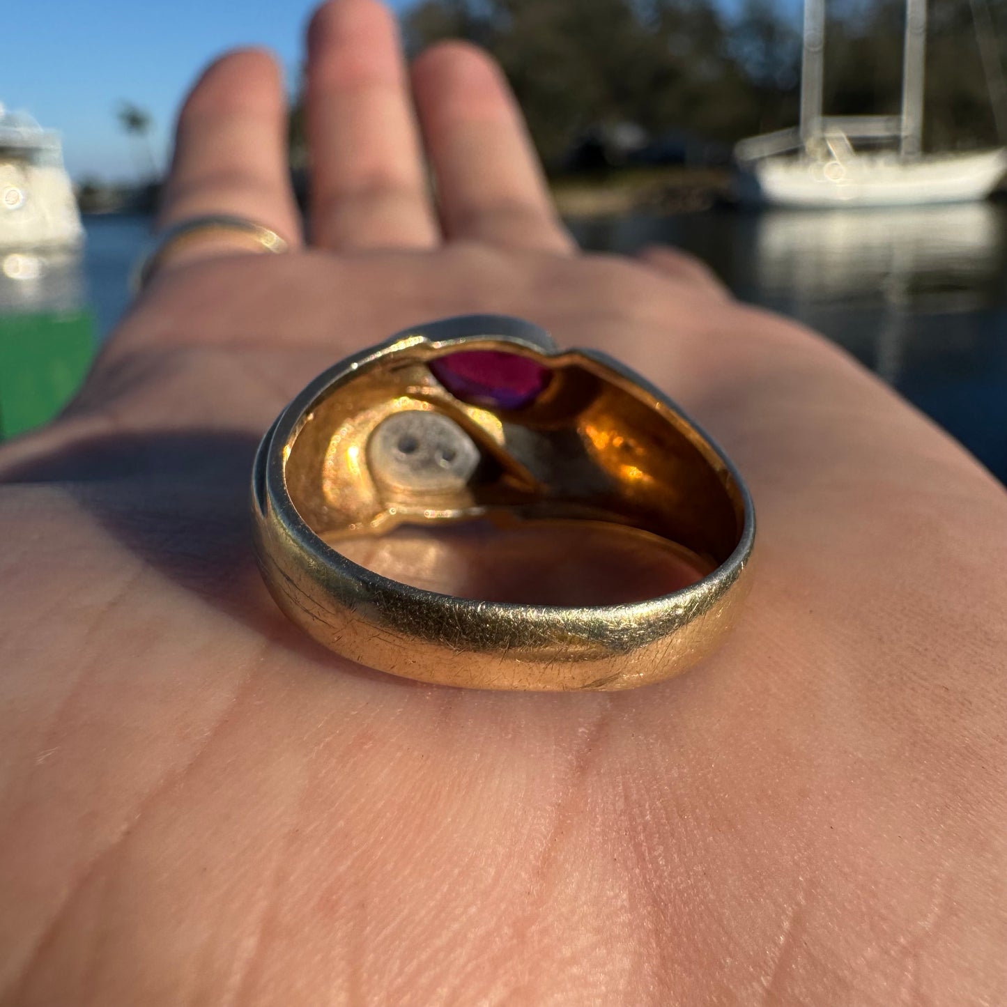 Vintage Solid 14k Yellow Gold Natural Diamond Pink Spinel Tony Soprano Pinky Ring (9.5)