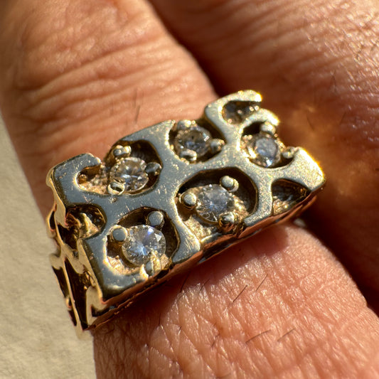 Vintage Solid 14k Natural Diamond Encrusted Honeycomb Nugget Ring (9)