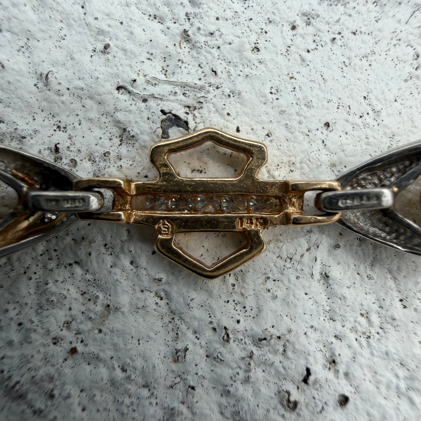 Vintage Solid 14k Yellow Gold .950 Platinum 1.25ctw Natural Diamond Harley-Davidson Bracelet (7”)