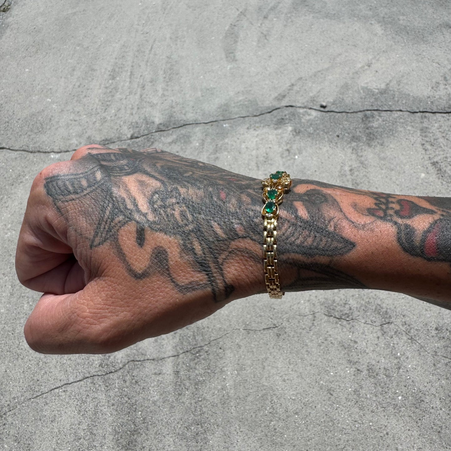 Vintage 18k Yellow Gold 3.25ctw Natural Columbian Emerald And Diamond Panther Link Bracelet (7.25”)