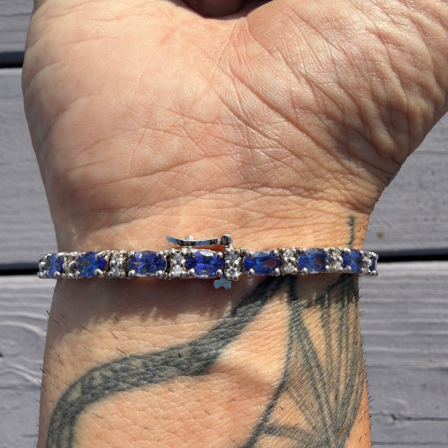 Vintage Solid 14k White Gold 11.0ctw Natural Tanzanite And Diamond Tennis Bracelet (7.15”)