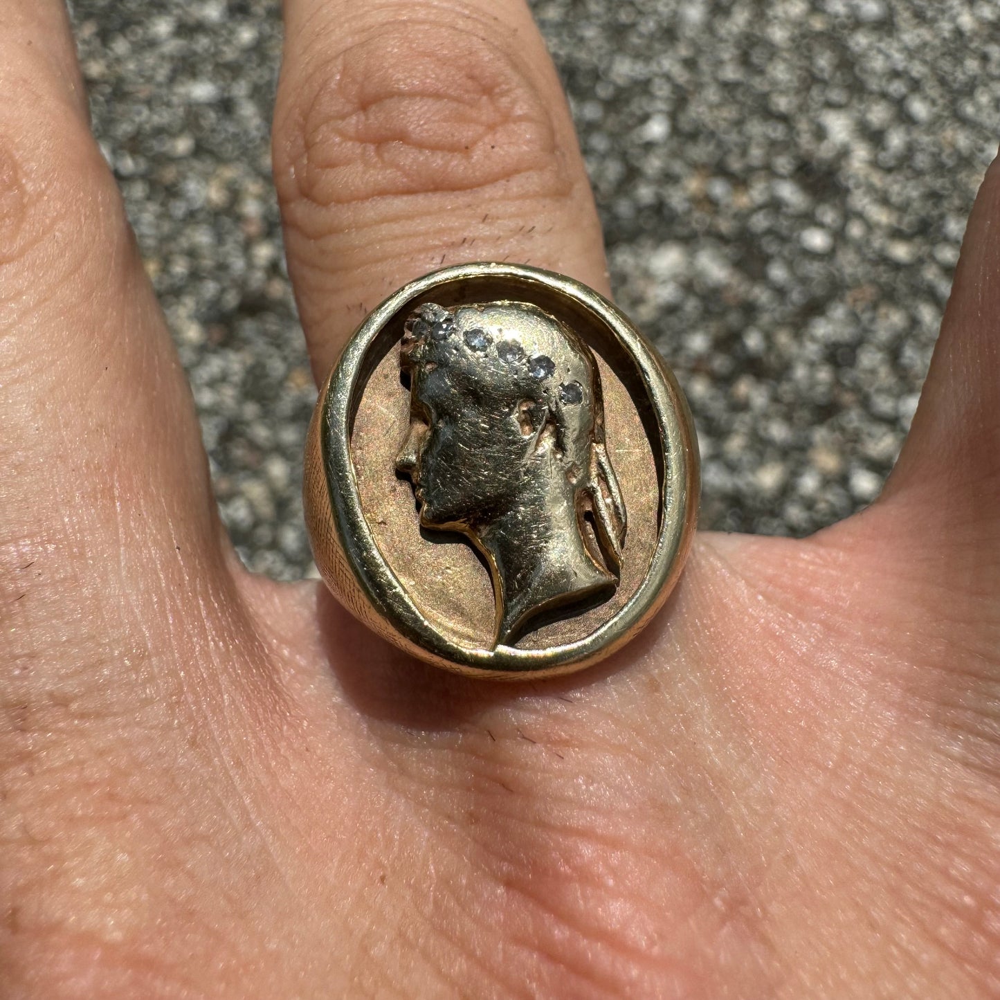 Mid-Century 14k Yellow Gold Natural Diamond Julius Caesar Mafioso Style Signet Ring (8.5)