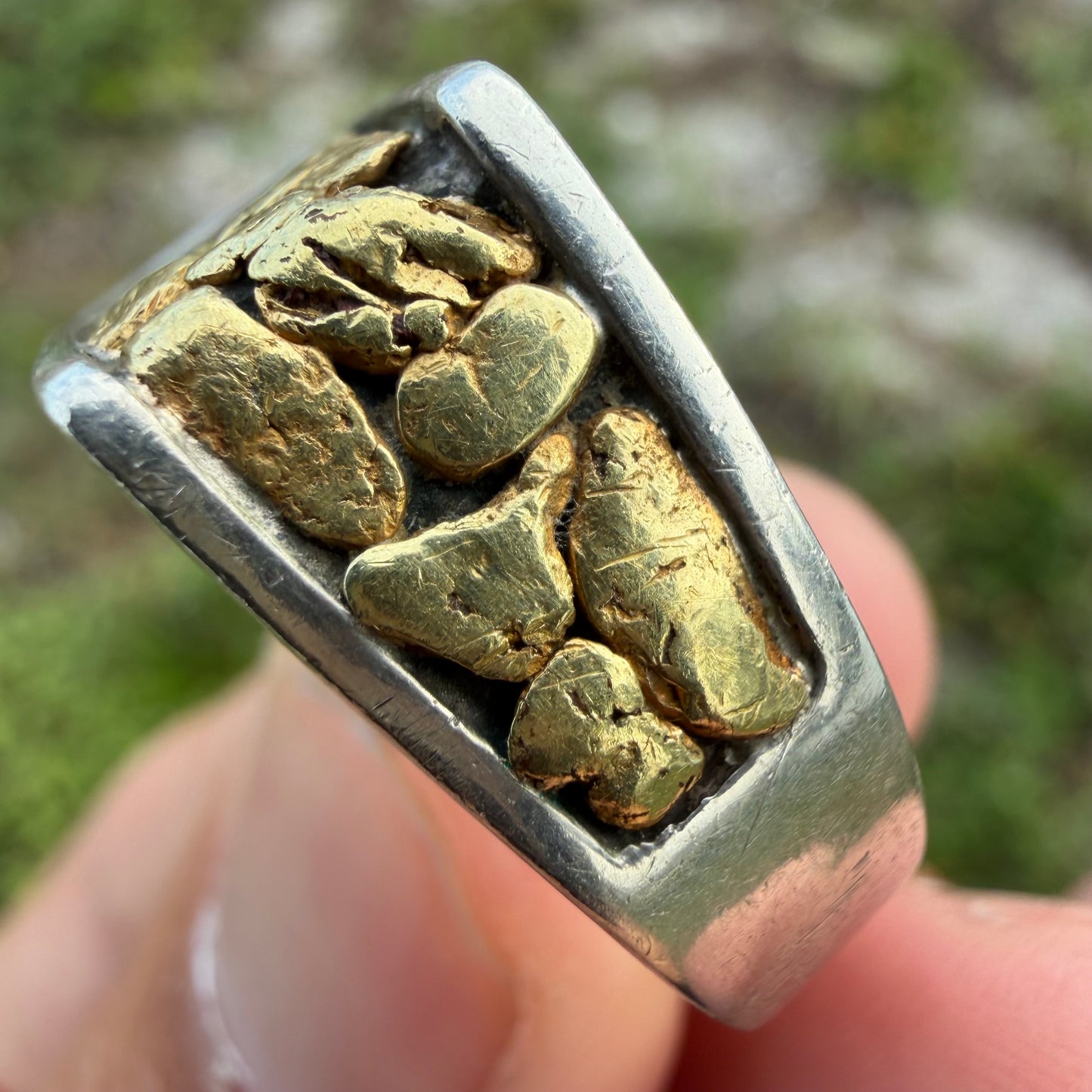 Vintage Solid Sterling Silver 23k Raw Natural Gold Placer Nugget Signet Ring (11)