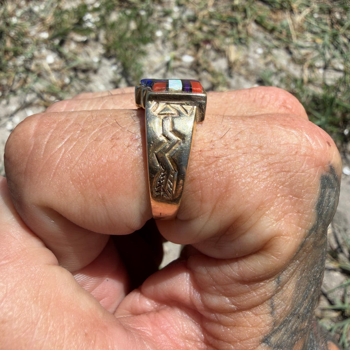Vintage Native Southwestern Solid 14k Yellow Gold Multi-Stone Inlaid New Mexico State Ring (10)