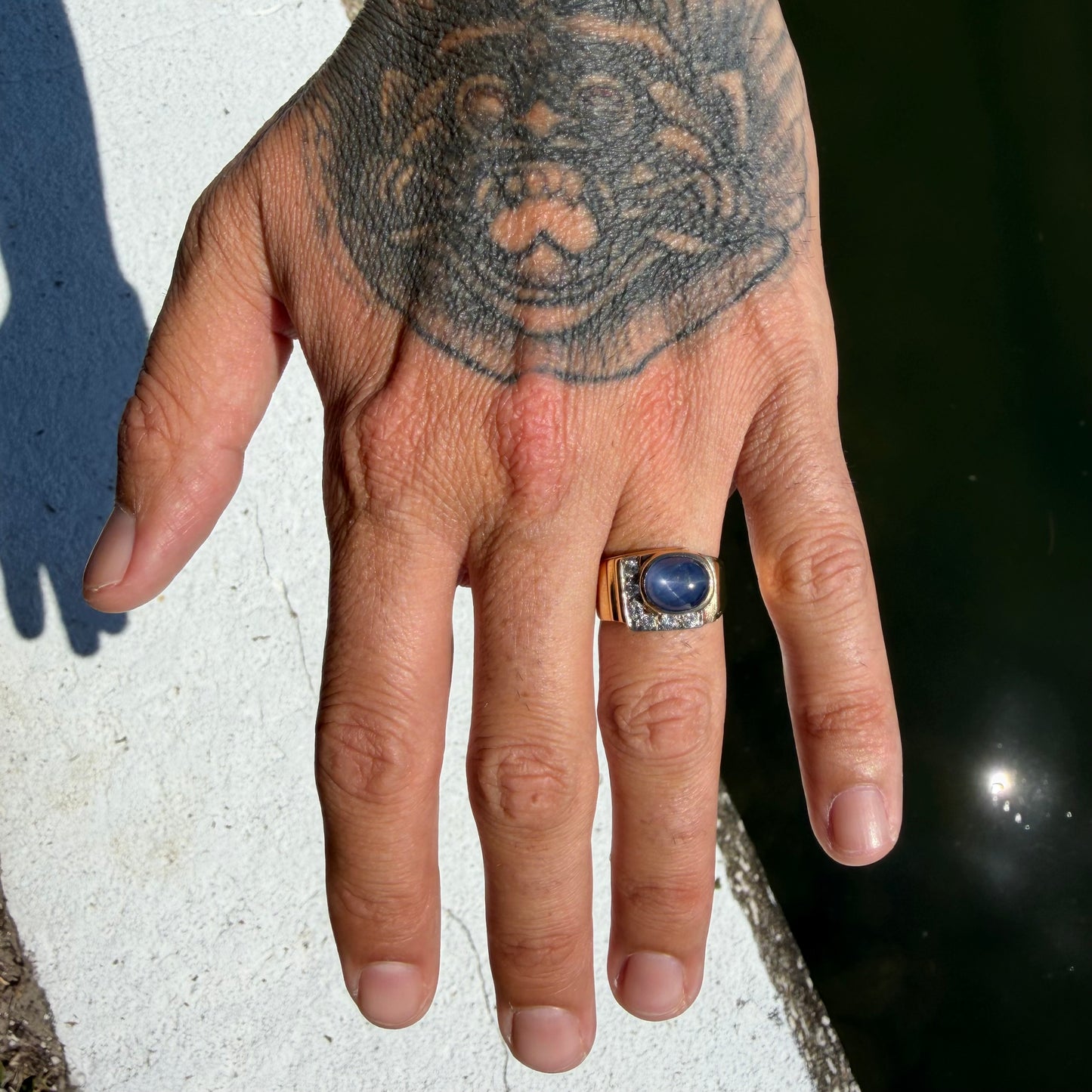 Art Deco Solid 14k Yellow Gold Natural Blue Star Sapphire Old Euro Cut Diamond Ring (8)