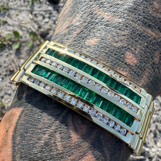 Vintage Solid 14k Yellow Gold 6.0ctw Natural Emerald 2.5ctw Natural Diamond Channel Set Jubilee Bracelet (8.25”)