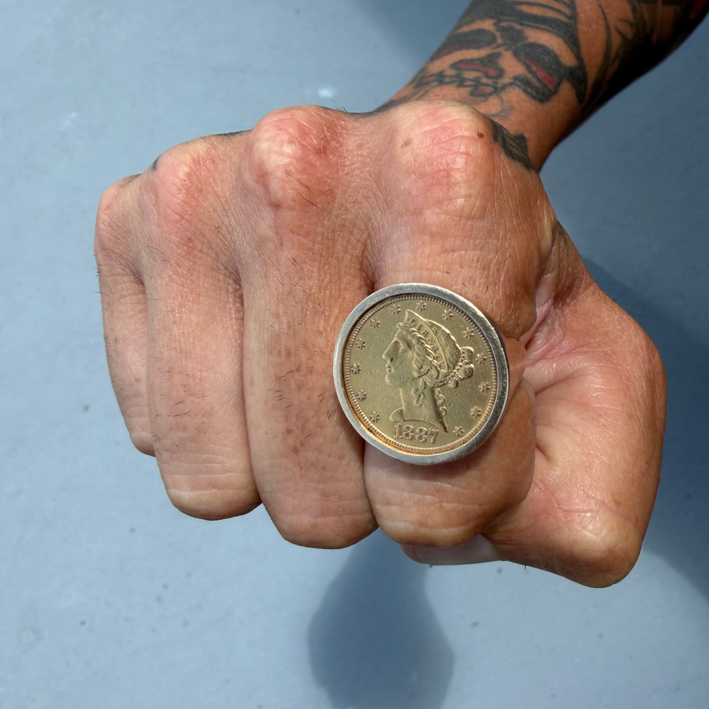 Vintage Bezel Set Solid 14k Yellow Gold 1887 $5 Liberty Coin Ring