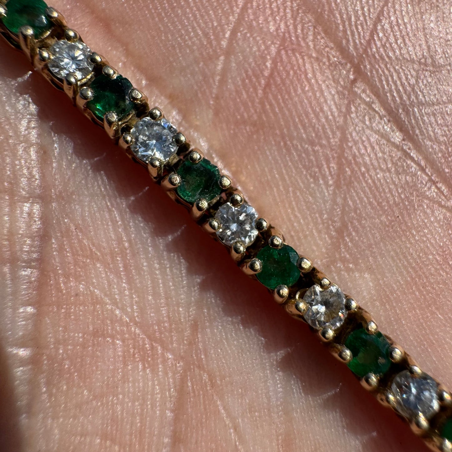 Vintage 14k Yellow Gold 3.5ctw Natural Diamond And Emerald Classic Tennis Bracelet (7.25”)