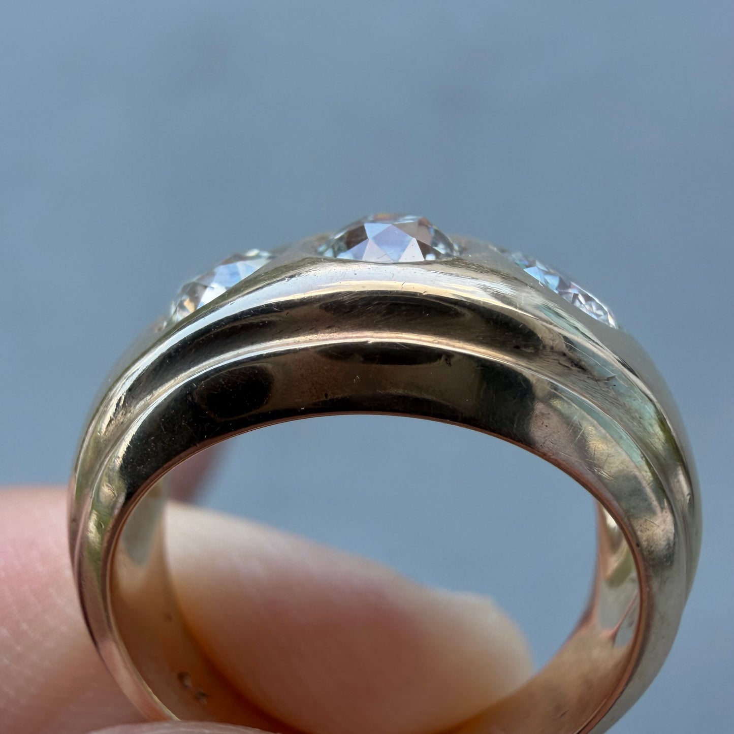 Art Deco Solid 14k Yellow Gold 1.20ctw Natural Old Cut Diamond Gypsy Trilogy Ring (6.5)