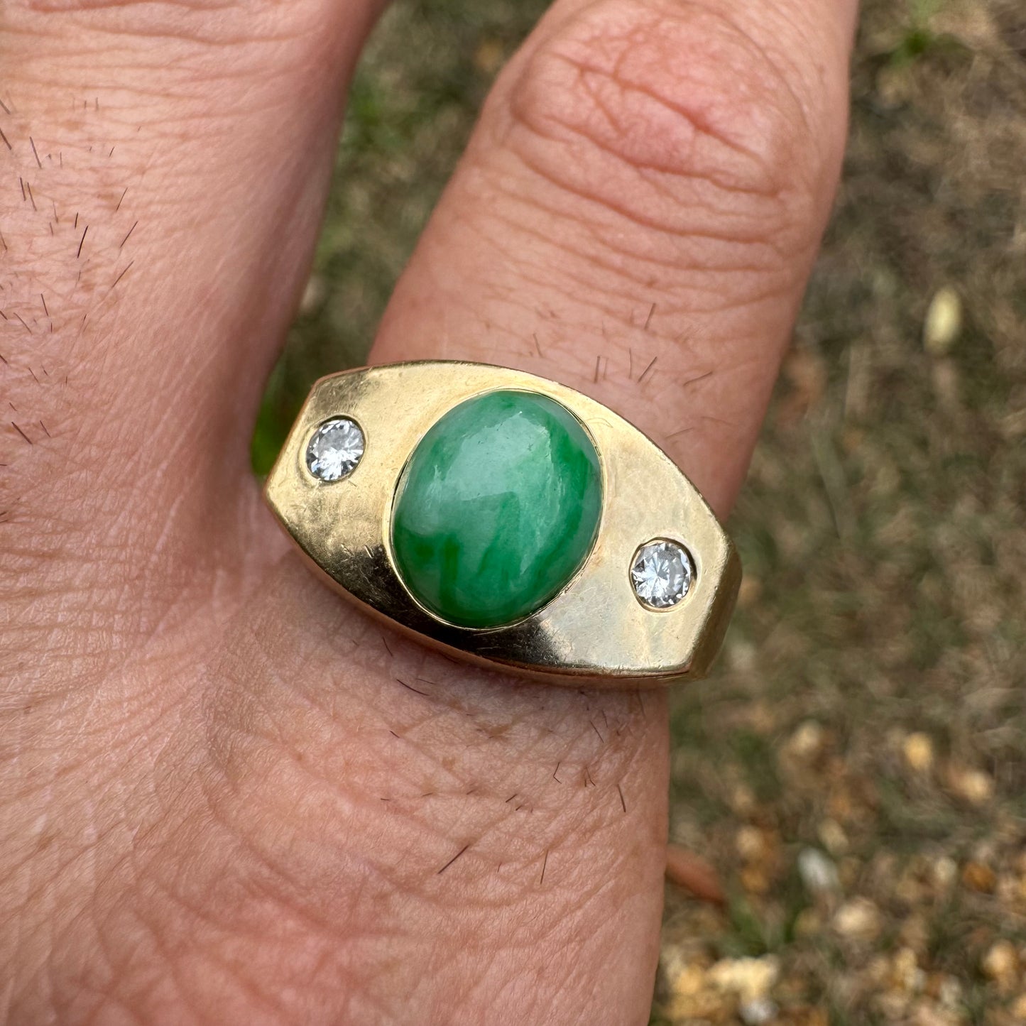 Mid-Century Solid 14k Yellow Gold Apple Jade Natural Diamond Trilogy Ring (9.5)
