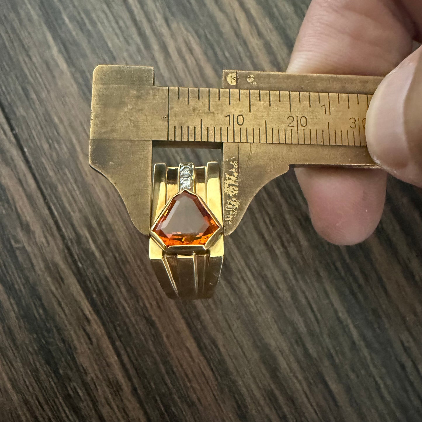 Vintage Solid 18k Yellow Gold Shield Cut Orange Sapphire And Diamond Signet Ring (8.25)